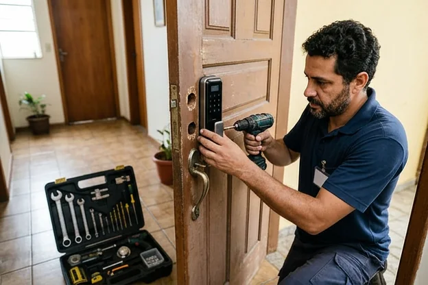 Chaveiro instalando uma fechadura digital em Uruguaiana.