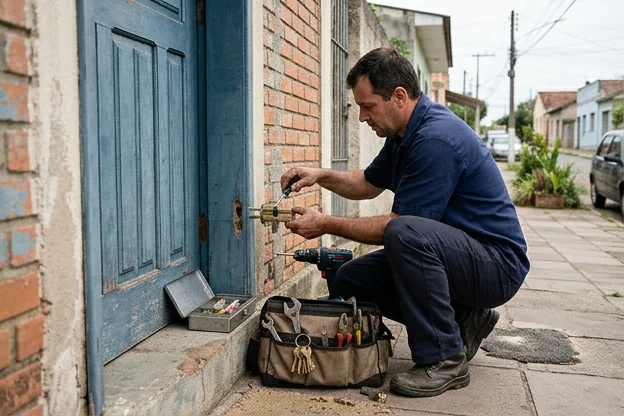 Chaveiro instalando uma nova fechadura em uma porta em Uruguaiana.