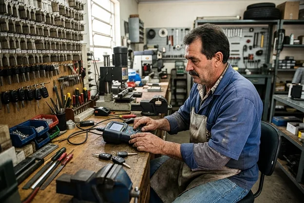 Chaveiro manuseando chaves codificadas em Uruguaiana.